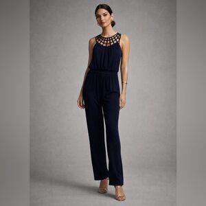 White House Black Market Navy Jumpsuit with Lattice Neckline